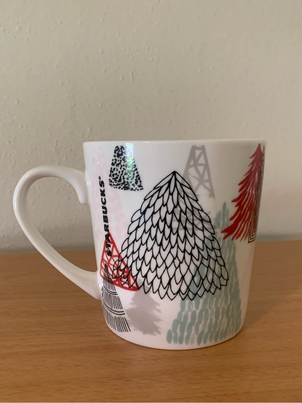 Starbucks Mug Geometric Abstract Trees 18oz Short Wide Black Red Gray Green